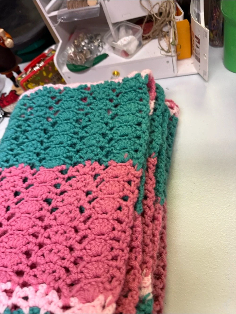 Handcrafted Teal and Pink Crochet Throw Blanket - Soft Accent Throw